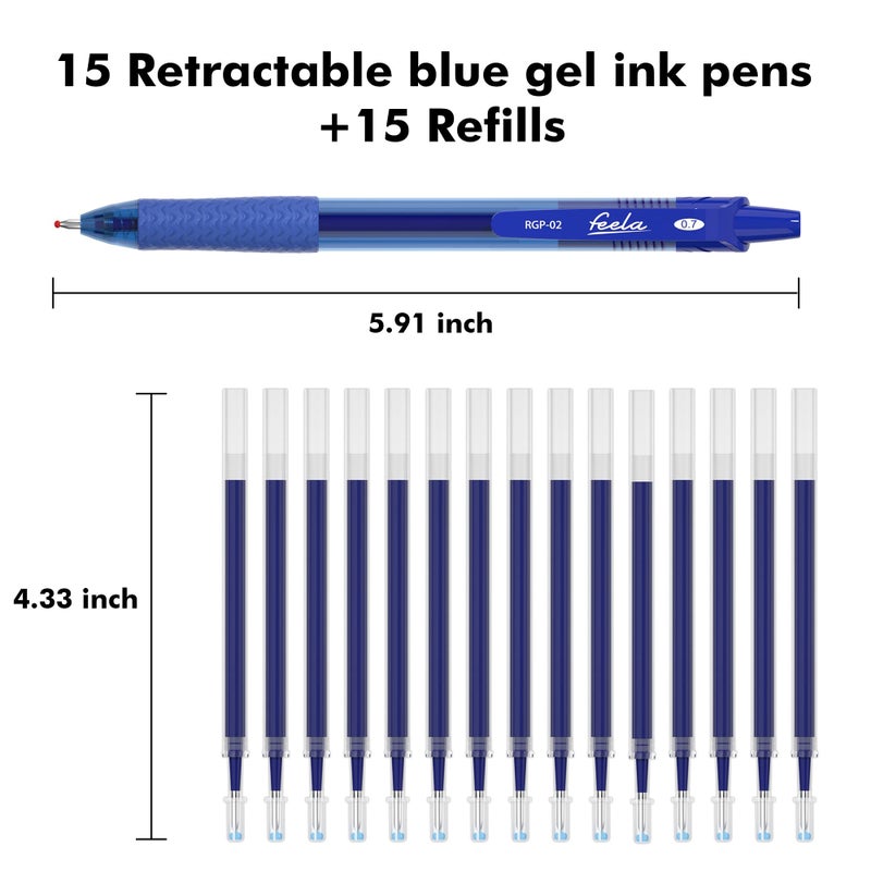 feela 30 Pack Retractable Blue Ink Gel Pens Set Medium Point 15 Piece Fine Point Gel Pen with 15 Refills for Smooth Writing - Image 2